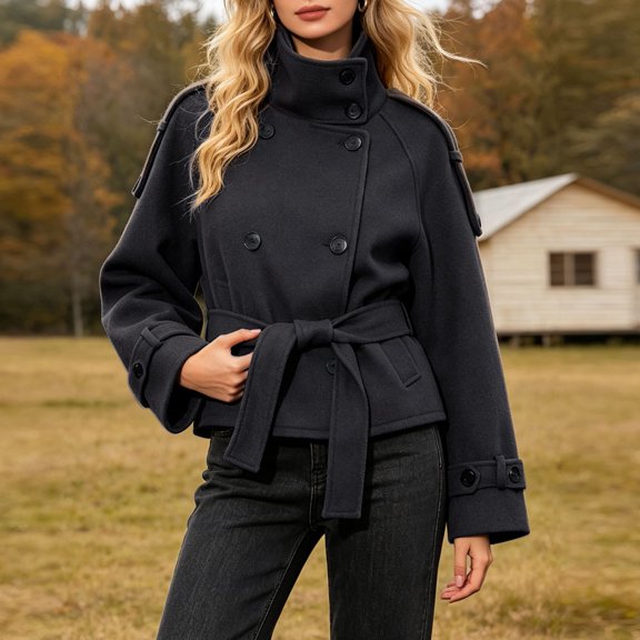 Women High Collar Cropped Trench Coat Belted Double Short Jacket Long Sleeve Outerwear for Fall Winter Casual Daily Outfit