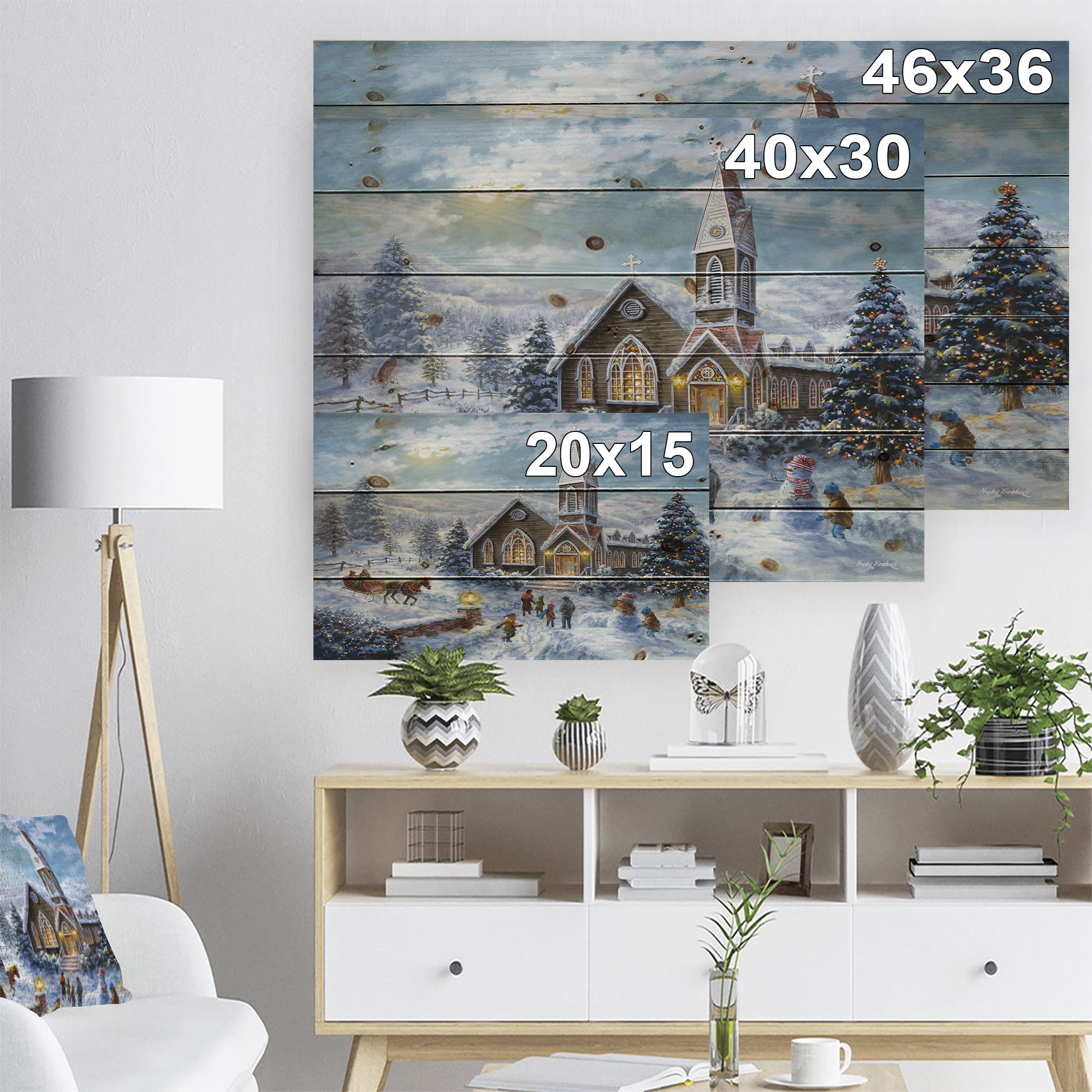 Designart 'Christmas worship, Parents Pray, Children Play' Print on Natural Pine Wood