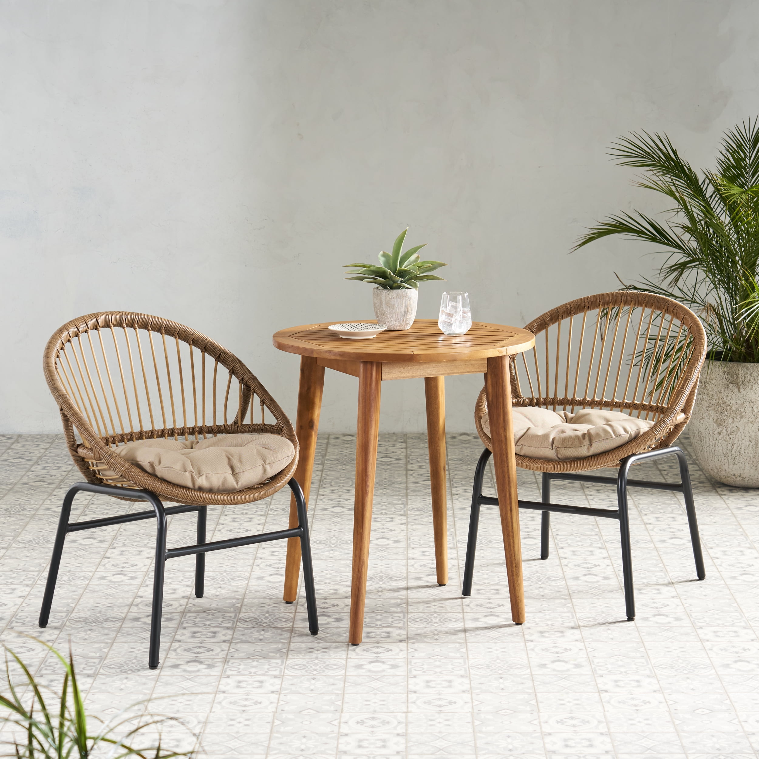 Bascom Wicker and Acacia Wood Outdoor 3-Piece Bistro Set with Cushion, Light Brown, Beige, and Teak