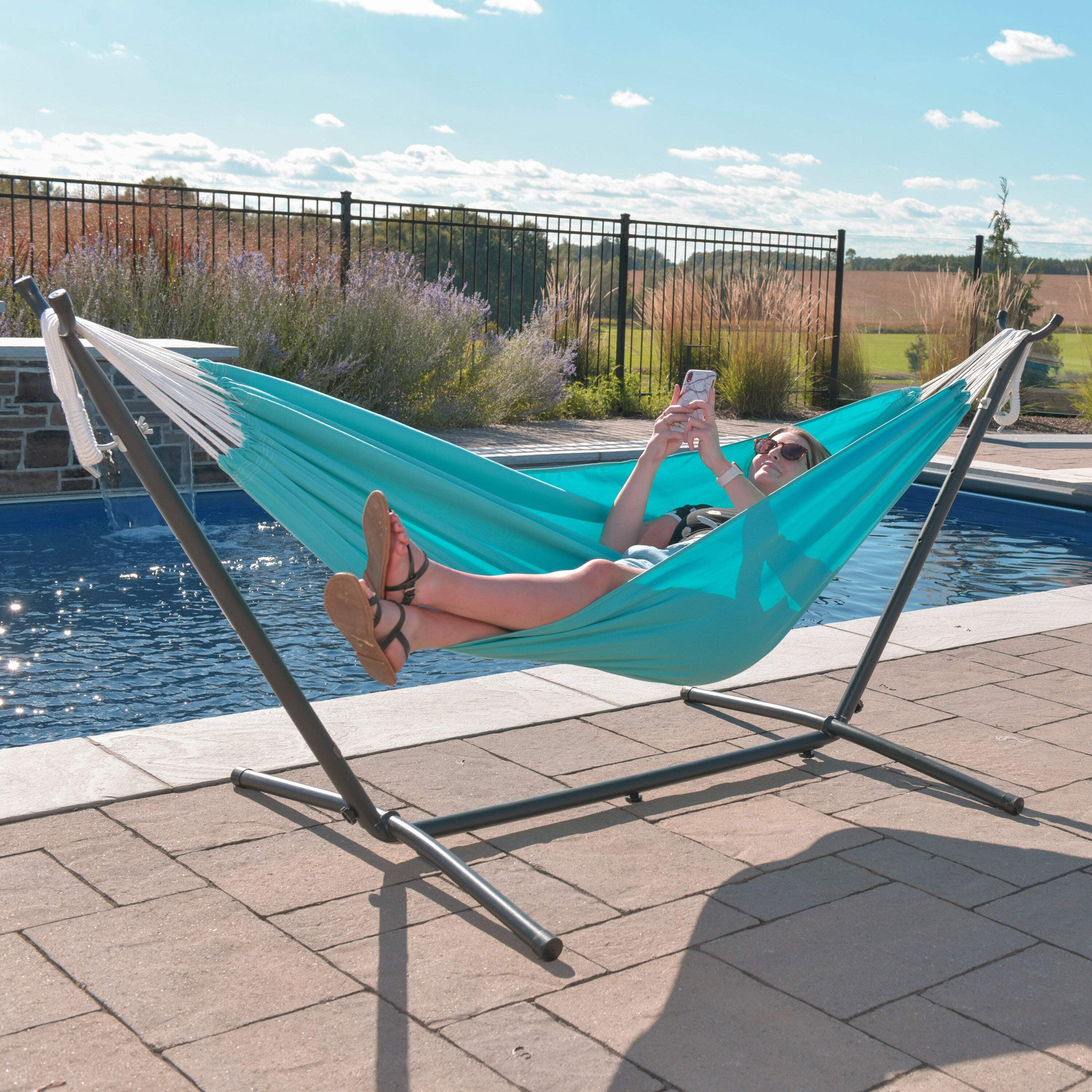 Vivere Double Sunbrella Hammock with Steel Stand and Carry Bag, 9 Foot, Aruba