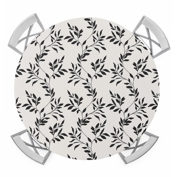 Black Leaves Round Tablecloth for 36-44 Inch Tables,Fitted Table Cover with Elastic Edge,Vintage Leaf Botanical Minimalist Art Waterproof Outdoor Table Cloth Protector for Patio Garden Dinner Picnic