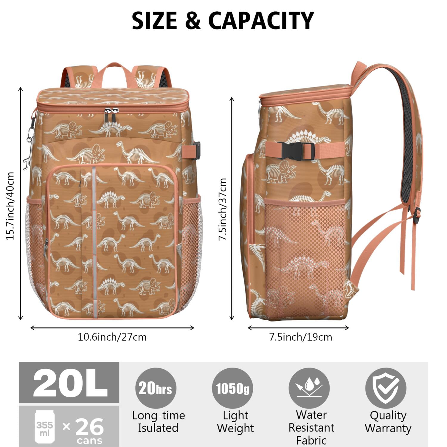 Travel Cooler Bag - Brown Cartoon Dinosaurs Skeletons Pattern Camping Beer Cooler Backpack with Bottle Opener- Waterproof Insulated Picnic Backpacks - Cooler Bag for Beach