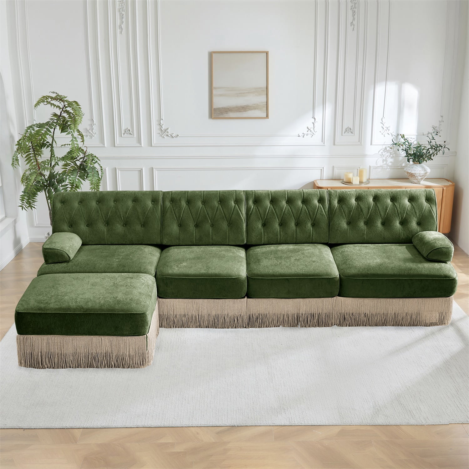 Hommoo 4-Seater Chesterfield Style Velvet Fabric L-Shaped Sectional Sofa, Tufted Button Upholstered Design and Floor-grazing Tassel, Free Combination Sofa Couch Set, for Home, Green