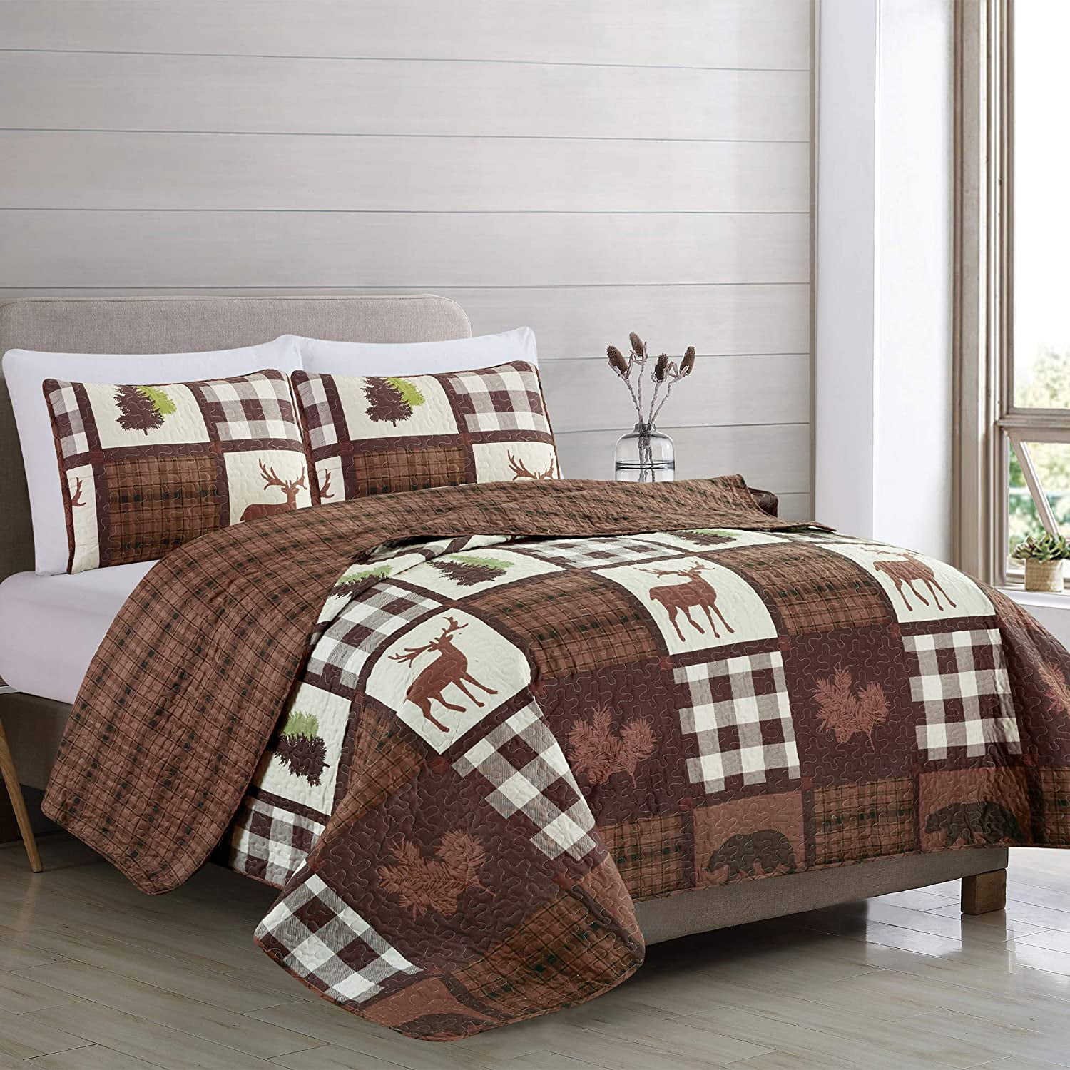 CABIN COUNTRY MOUNTAIN BEAR DEER FISH LAKE and LODGE 2pc Twin QUILT SET 