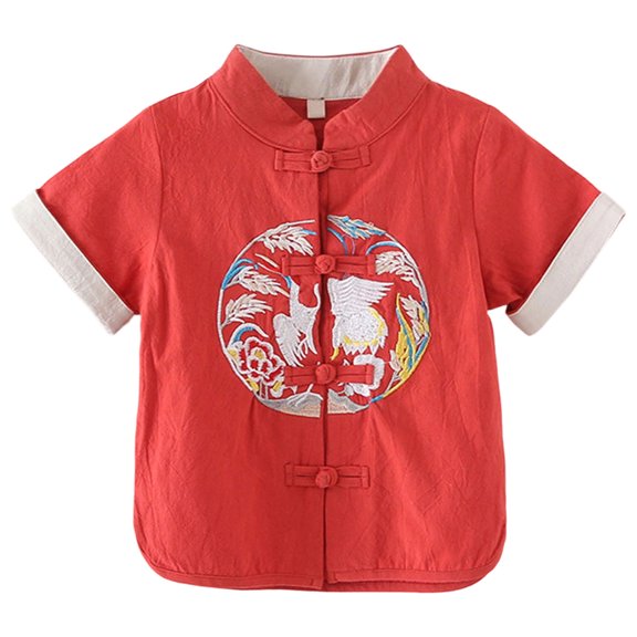 WNVMWI Toddler Boys Short Sleeve Tang Suit Kids Chinese Traditional Clothes Children Button Down Shirts 18-24 Months Red