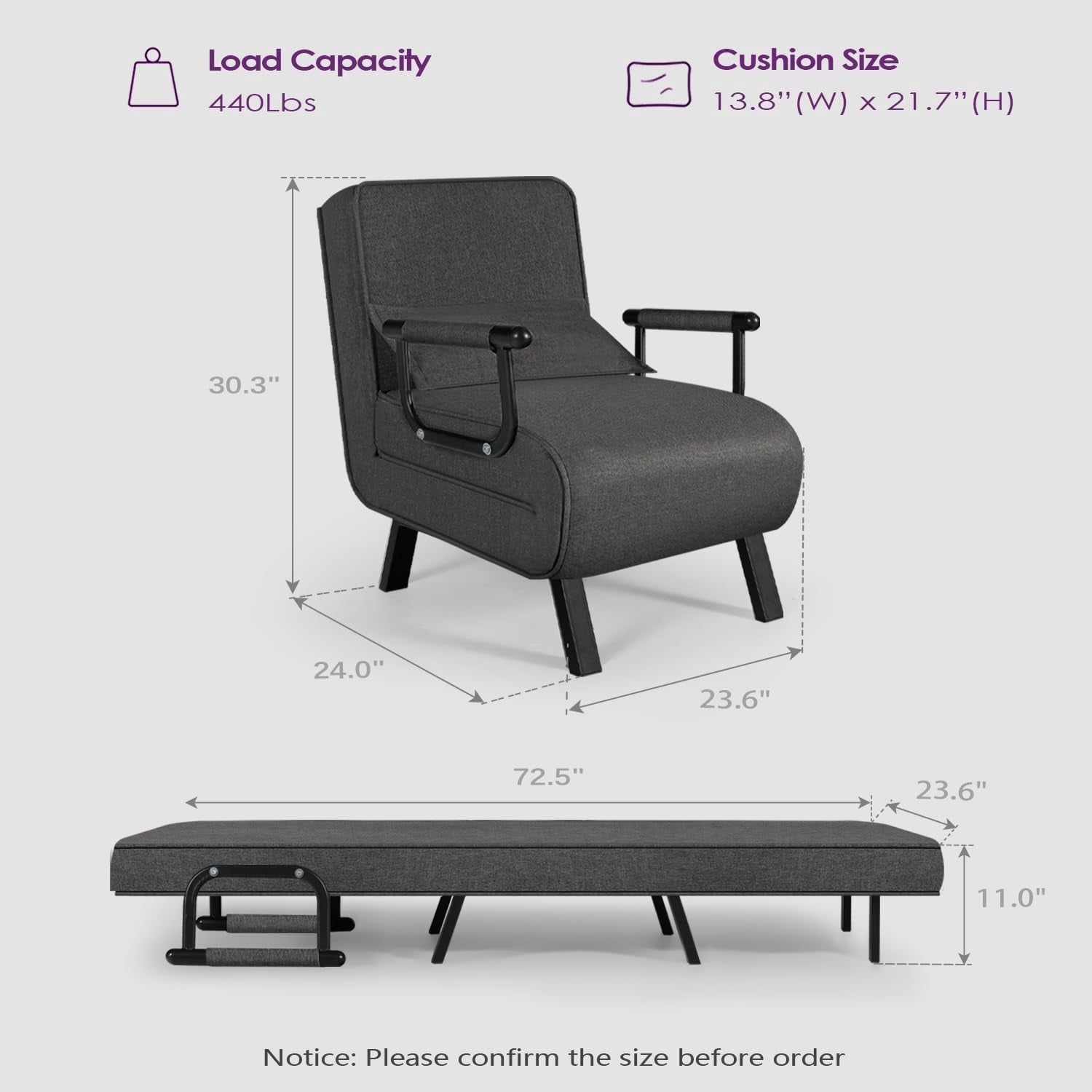 MIDODO Sleeper Chair Bed, 5 in 1  Convertible Sofa Bed with 5-Position Adjustable Backrest & Pillow Floor Single Futon Chairs
