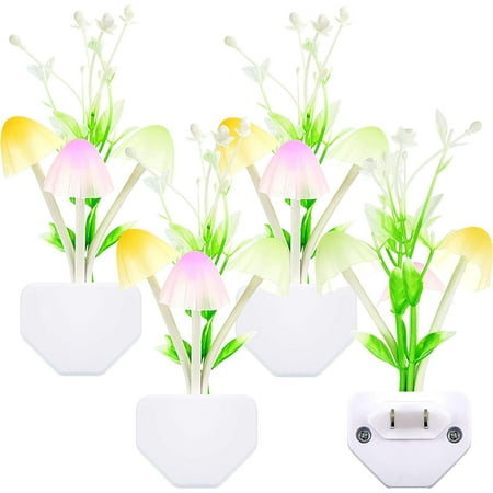 

4 Pcs Night Lights 7 Color Changing Plug-in Light Sensor Wall Lamp LED Mushroom Night Lights