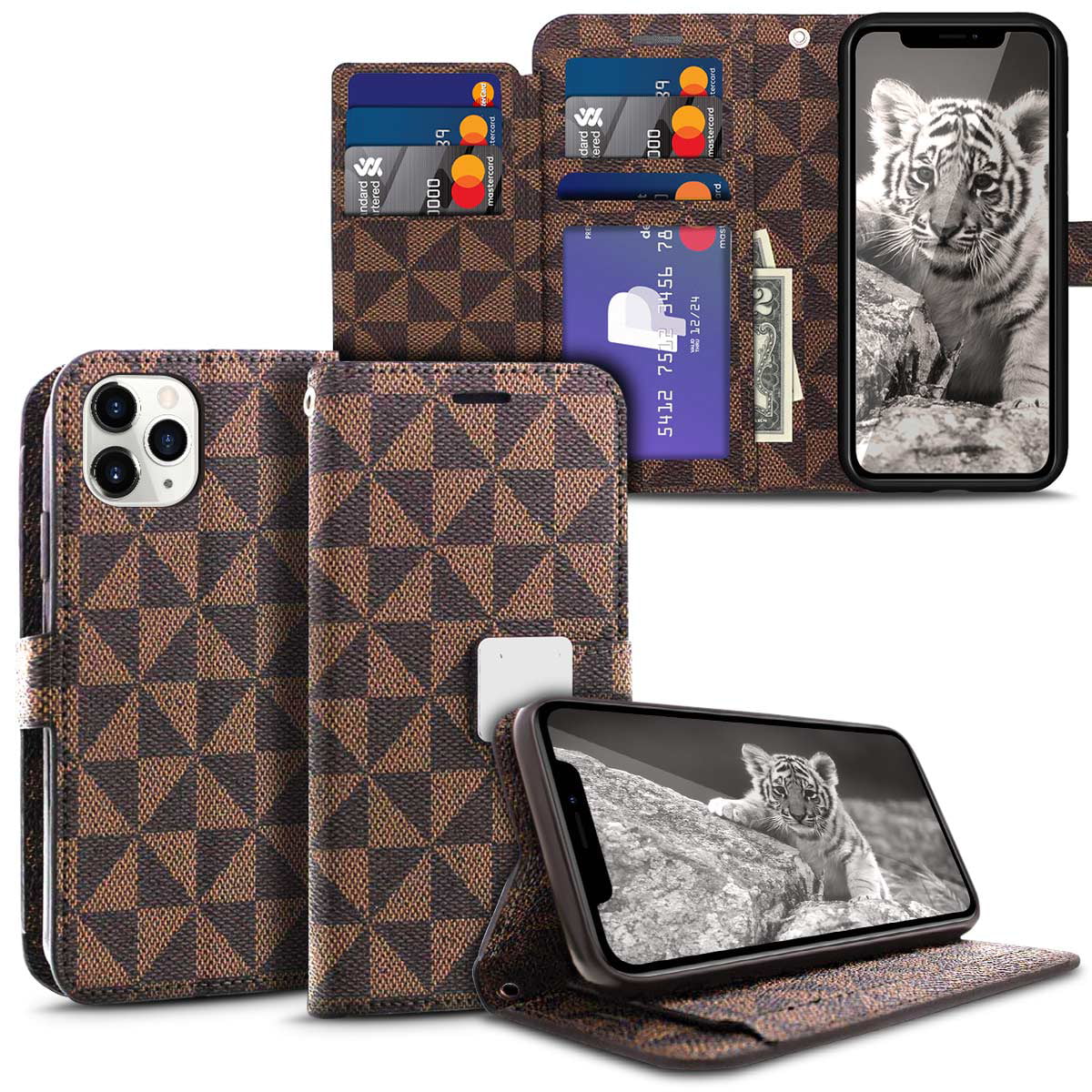 Blue Tiger iPhone 13 12 11 Pro Max Mini Faux Leather Phone Case Wallet