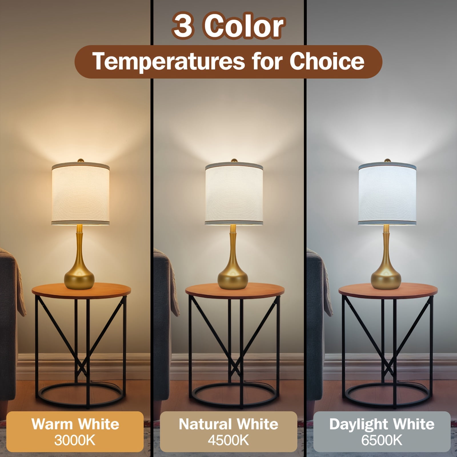 2-Pack 23 Inch Farmhouse Table Lamps, Golden Metal Frame with 3 Color Temperature Modes, Rustic Modern Bedside Nightstand Lighting for Bedroom Dorm Office Living Room Home Decor