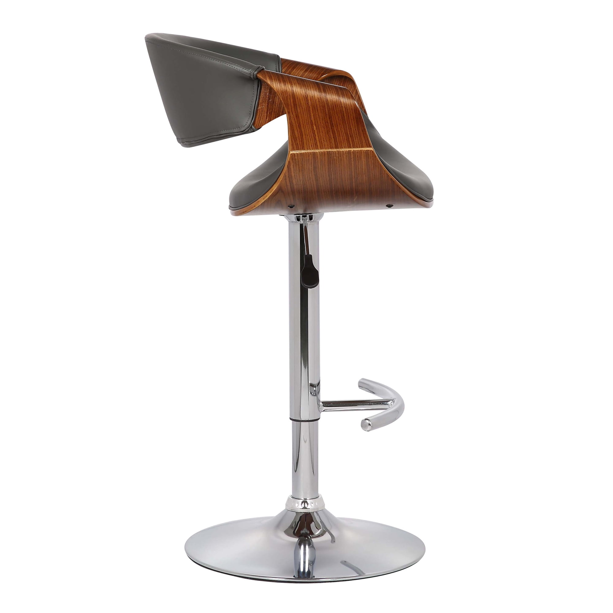 Armen Living Indoor Butterfly Adjustable Height Swivel Gray Faux Leather and Walnut Wood Bar Stool with Chrome Base