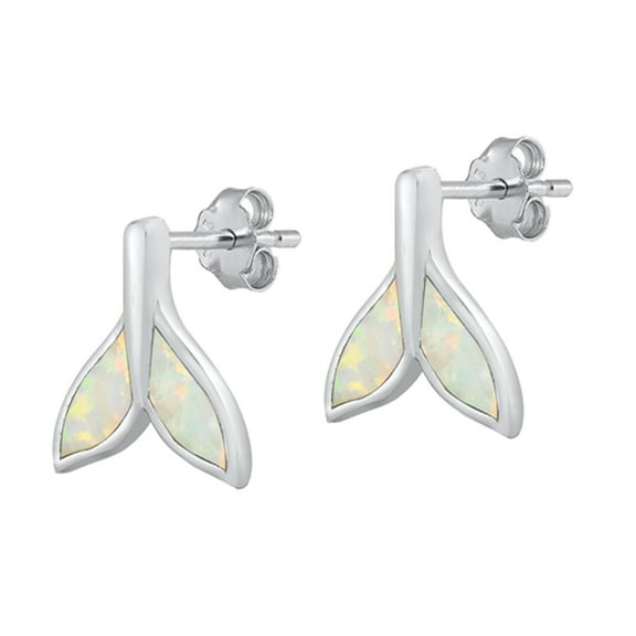 Sterling Silver Mermaid Tail Ocean Whale Swim Earrings White Simulated Opal 925 Jewelry Female