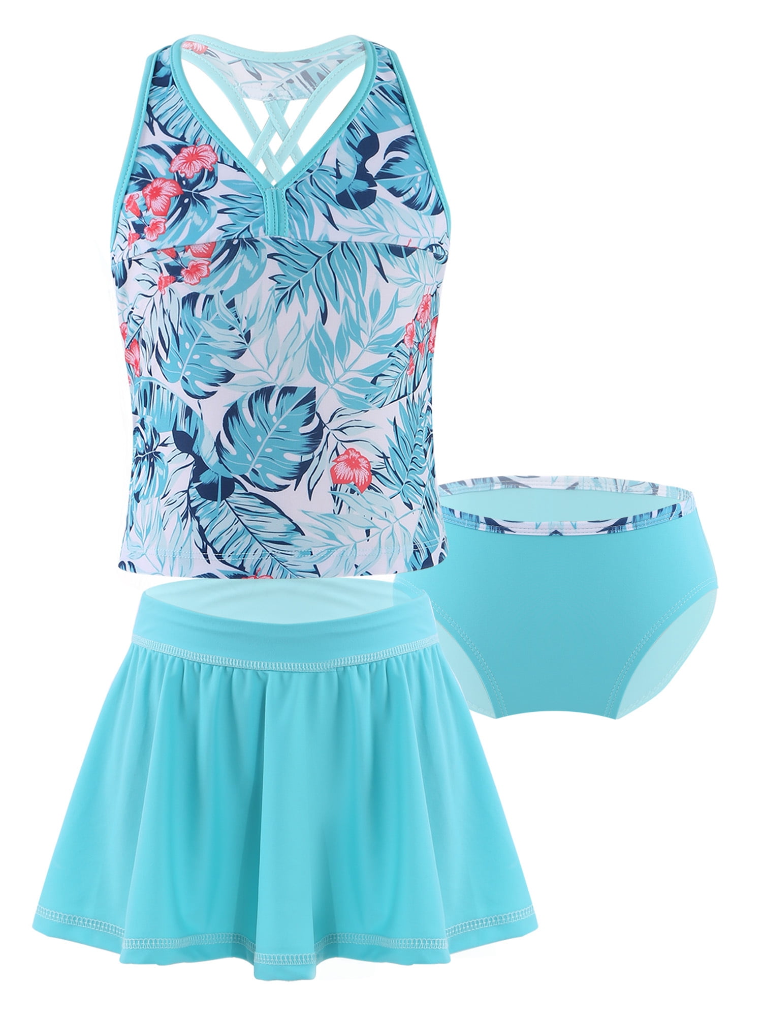 CHICTRY Kids Girls 3pcs Tankini Sets Halter Top Swimwear Swimsuit with Ruffle Skirt 