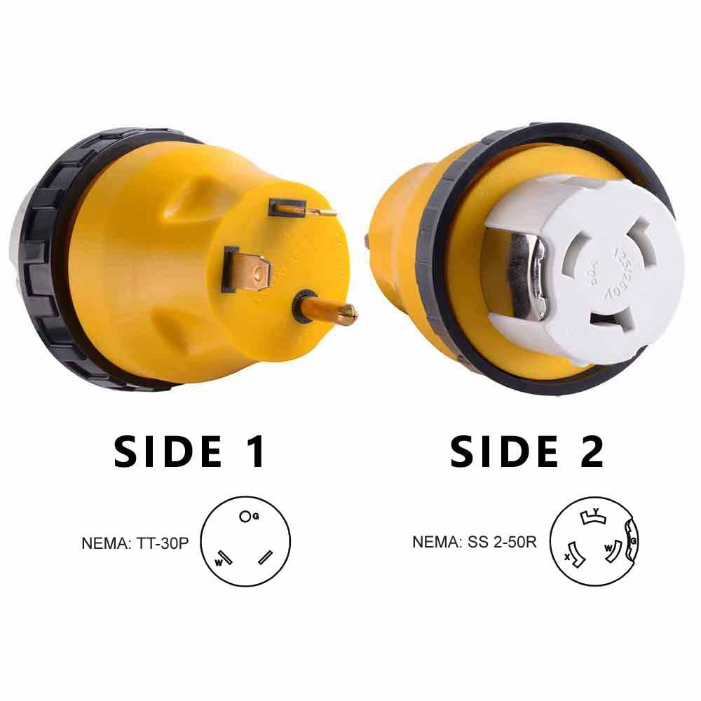 Superior Electric RVA1585 RV Pigtail Adapters 50 Amp Male NEMA 14-50P to Generator 30 Amp Female NEMA L14-30R Length 18-Inch 10AWG/4 Cord 