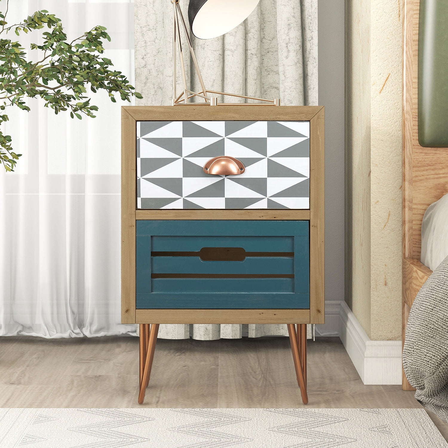 Kepooman Wooden Nightstand with Two Drawer and Metal Feet, Modern Style Bedside Table, Natural Kepooman Wooden Nightstand with Two Drawer and Metal Feet, Modern Style Bedside Table, Natural