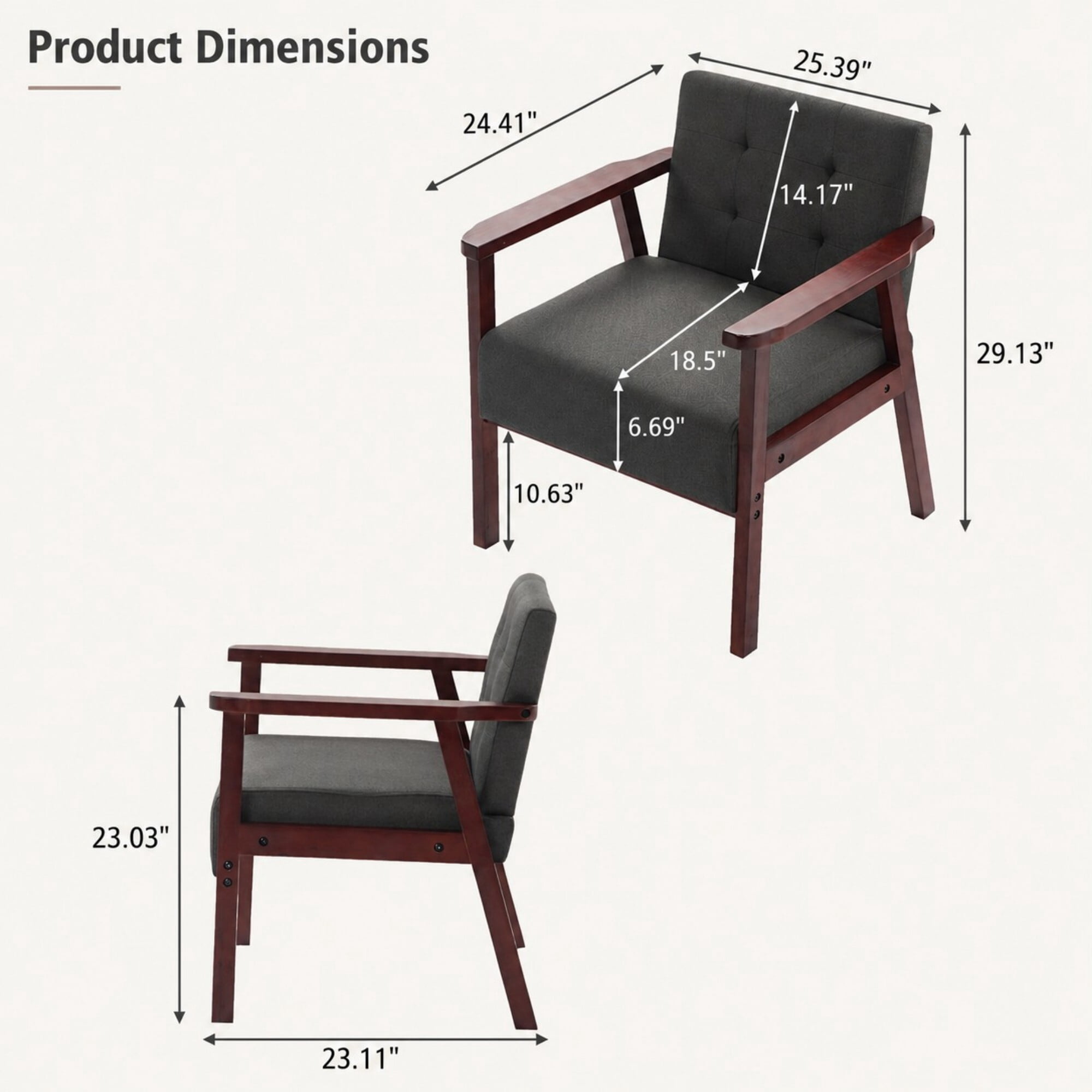 DEALTOPS Set of 2 Linen Accent Chairs, Wood Frame Tufted Armchairs with Square Arms, Charcoal Gray