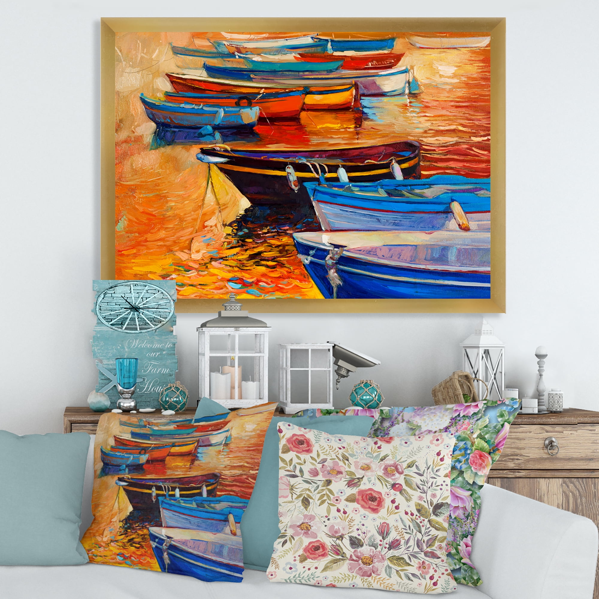 Boats During Warm Colored Sunset In The Harbor I 32 in x 24 in Framed Painting Canvas Art Print, by Designart