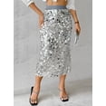 thumbnail image 6 of Sequin Skirt for Women High Waist Midi Skirt Sparkly Skirts for Night Out Cocktail Parties Silver Gray XXL, 6 of 9