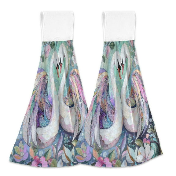 BZSMCE Hanging Hand Towels Fashion Elegant Swans Of Spring Pattern 2-Pack - Velcro Style Bathroom Kitchen Towels