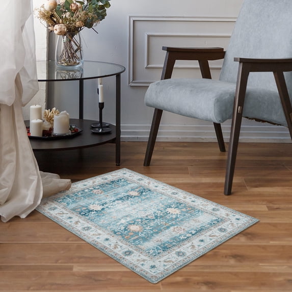 Haperlare Persian Area Rug 2x3 ft Vintage Floor Mat Floral Print Carpet Machine Washable Area Rug for Bedroom Living Room Thin Rug Foldable Chenille Rug, Green