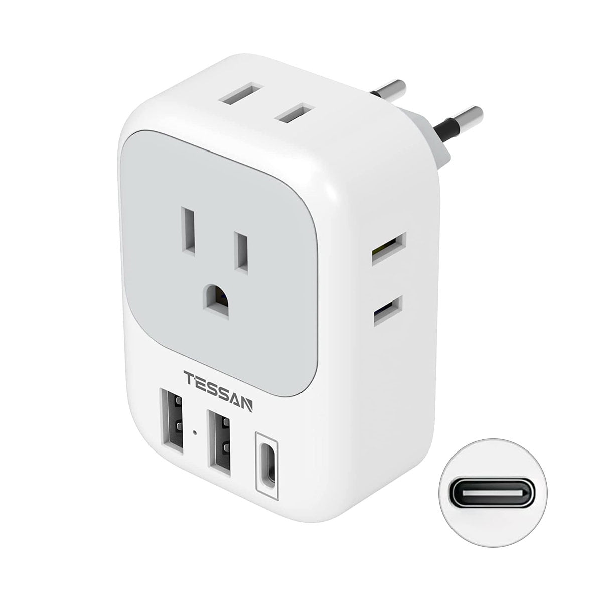 Type C US to EU Travel Plug Adapter with 4 AC Outlets & 3 USB Ports (Incl. USB-C), White