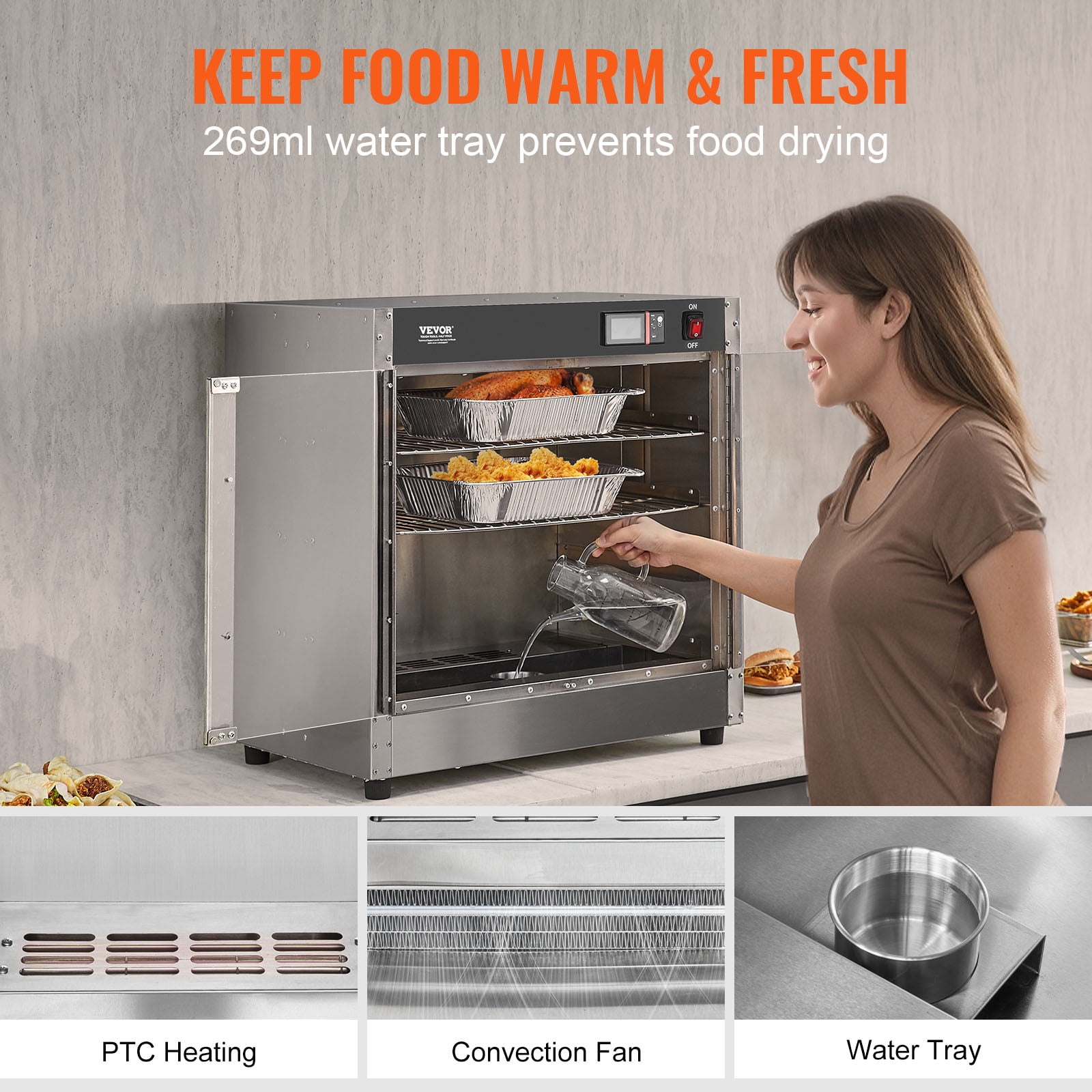 VEVOR Hot Box Food Warmer, 4-Tier Concession Warmer with Water Tray,4 Pans, Glass Double-door and Adjustable Shelves,Stainless Steel Food Warmer Cabinet, Ideal for Storing Pizza,Chicken,Restaurant