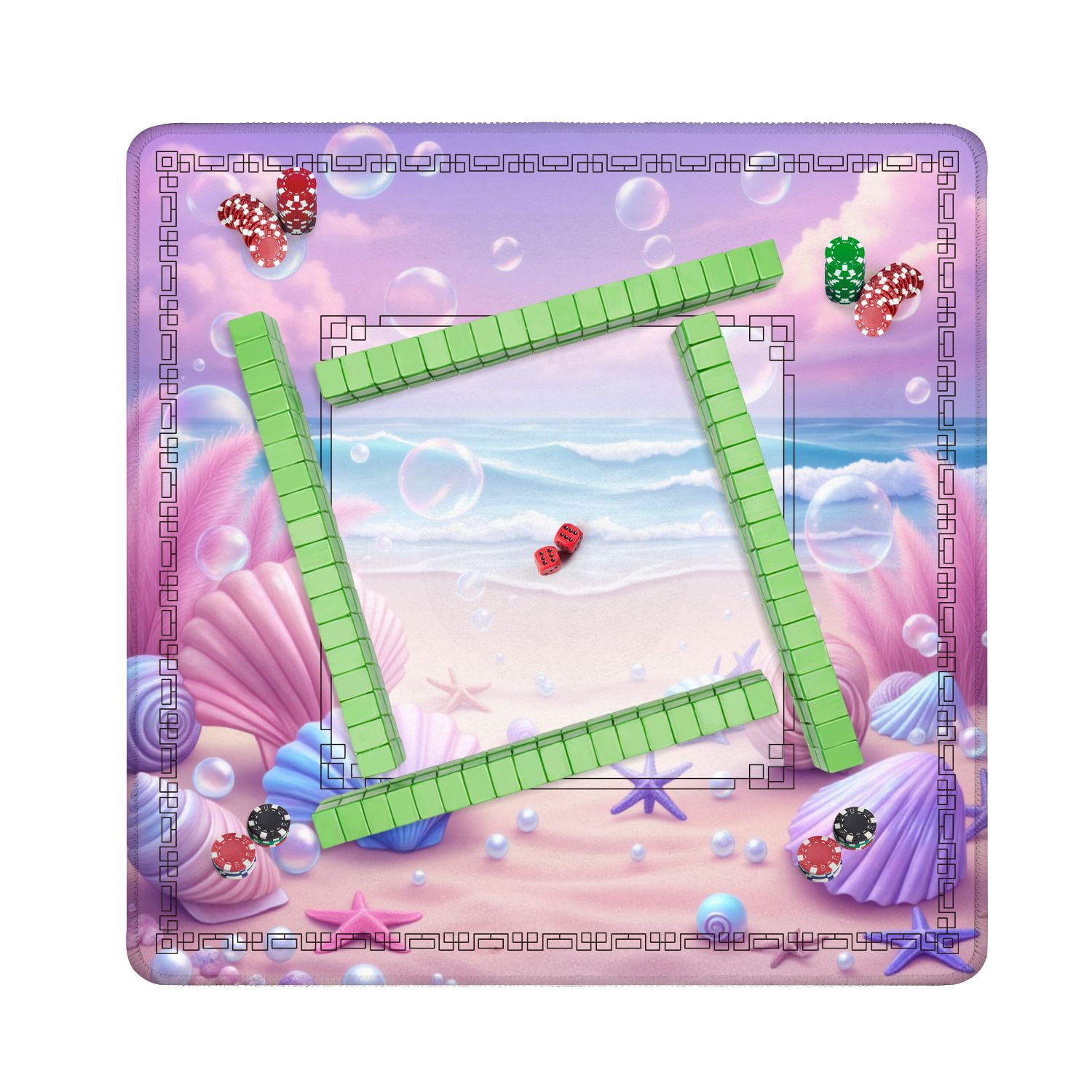 Mahjong Mat 31.5" x 31.5" Pastel Seashells Starfish Sandy Beach Bubbles Ocean Waves Non-Slip Noise Reduction American Mahjong Tiles Table Cover for Dominoes Poker Card Board Games Gift
