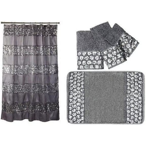 5 Items:  Shower Curtain, Bath Towel, Hand Towel, Fingertip Towel and Bath Rug with Sequins (Silver)