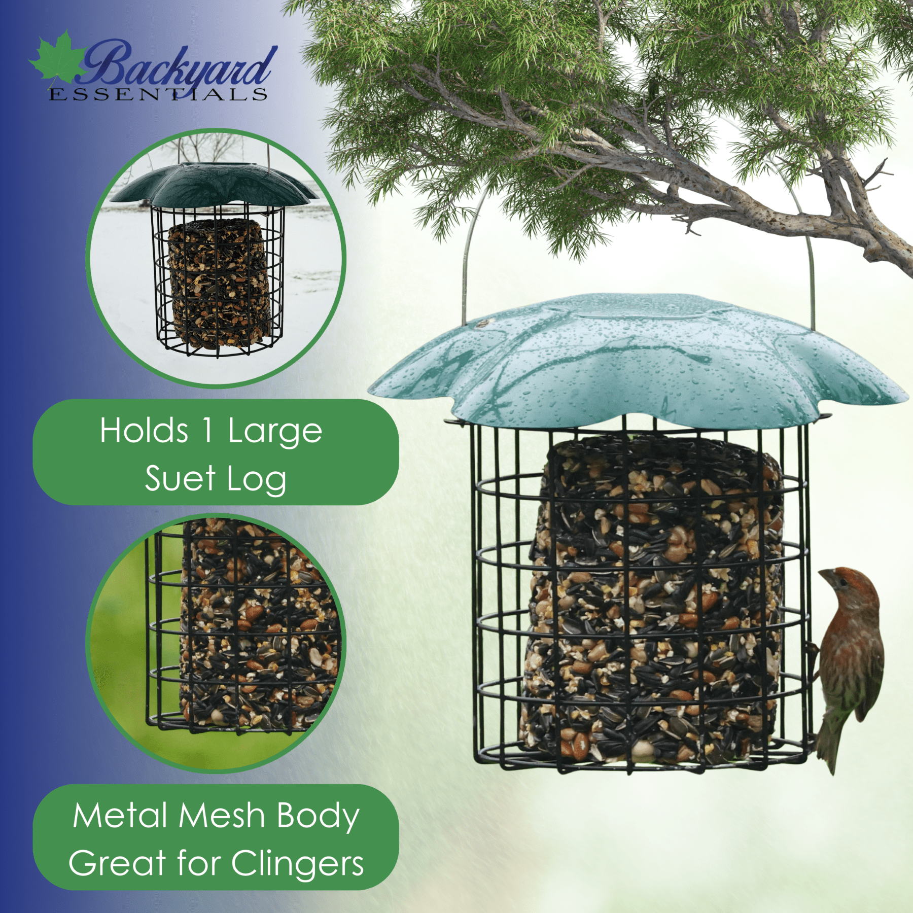 Backyard Essentials Large Seed or Suet Log Caged Feeder - Metal Suet Cage Cylinder Bird Feeder with Green Slide Down Protective Roof