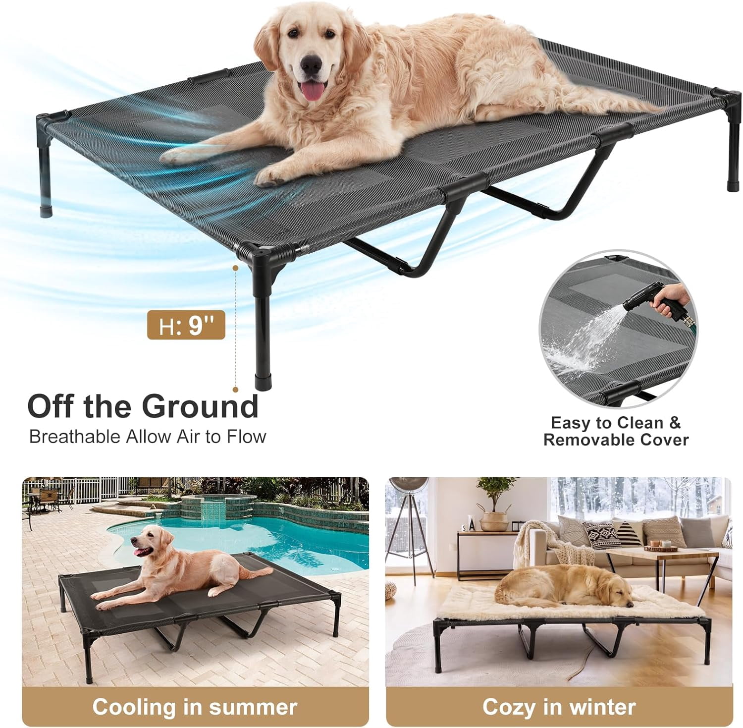 XL Cooling Elevated Dog Bed, Heavy Duty Anti-Sag Outdoor Dog Cot for Camping, Breathable & Waterproof Raised Dog Bed with Sturdy Center Support Bars, 48x36 Inches, Blue