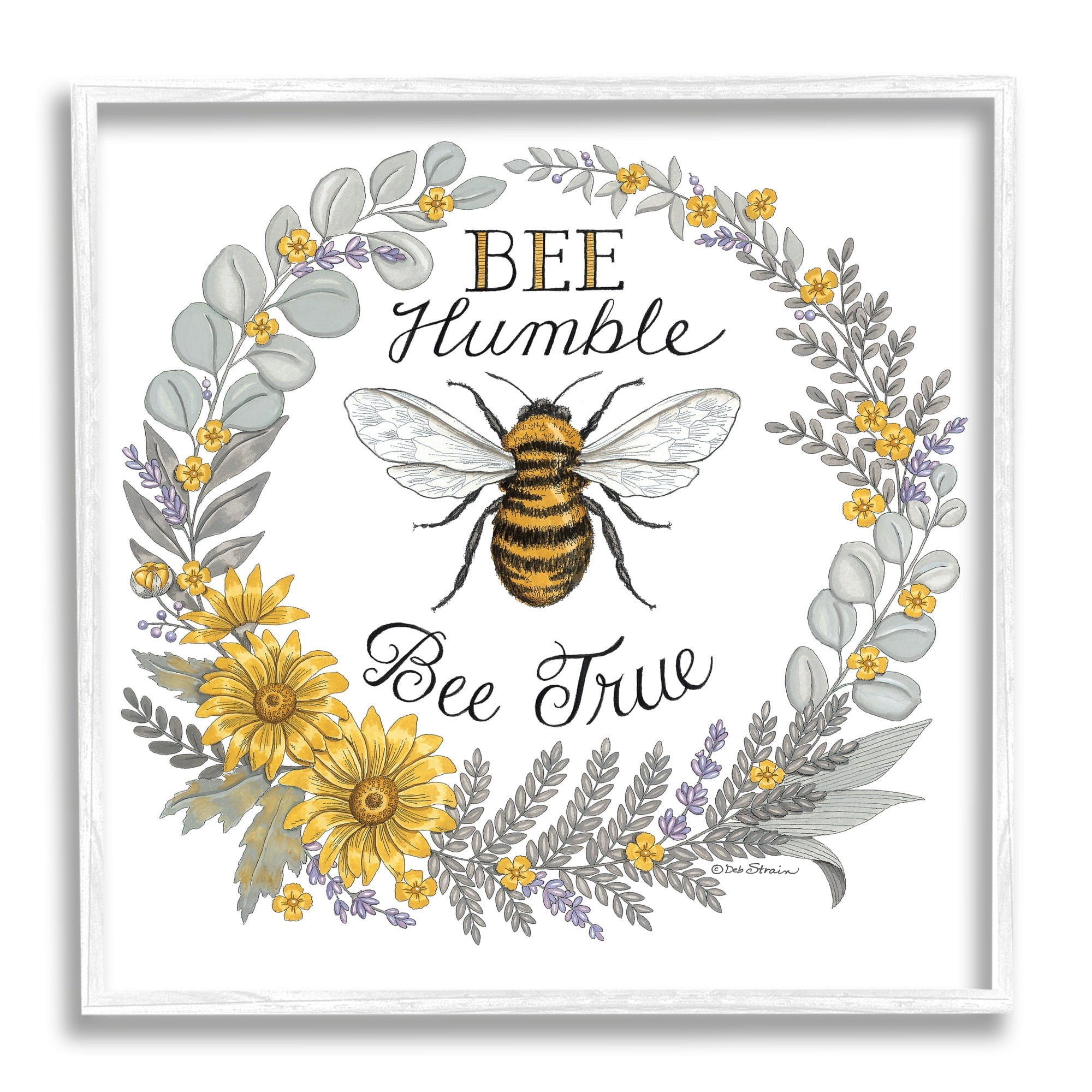 Stupell Industries Bee Humble & True Encouraging Insect Floral Border Graphic Art White Framed Art Print Wall Art, Design by Deb Strain