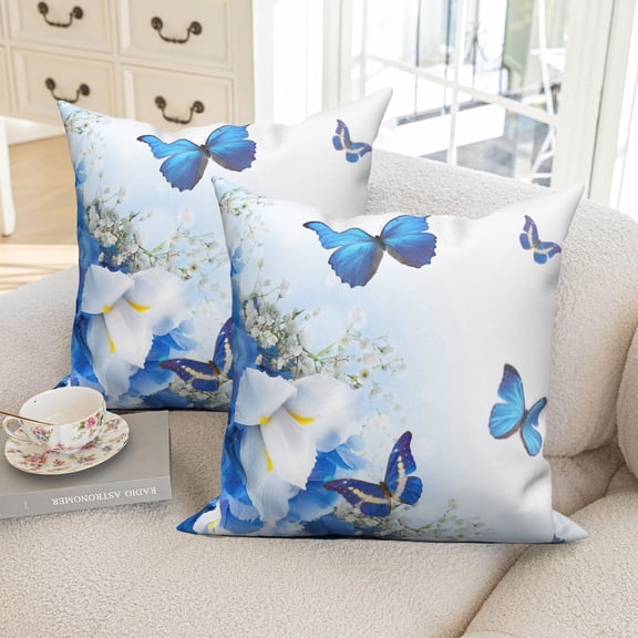 Blue Floral Butterfly Throw Pillow Covers 18x18 Set of 2,Spring Wildflower Decorative Pillow Cases for Bedroom Sofa Couch