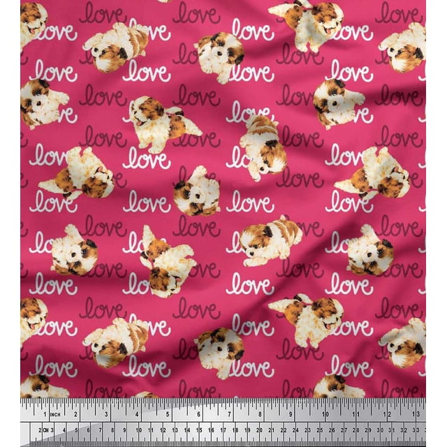 Soimoi Rayon Crepe Fabric Love Text & Puppies Dog Print Sewing Fabric Yard 46 Inch Wide