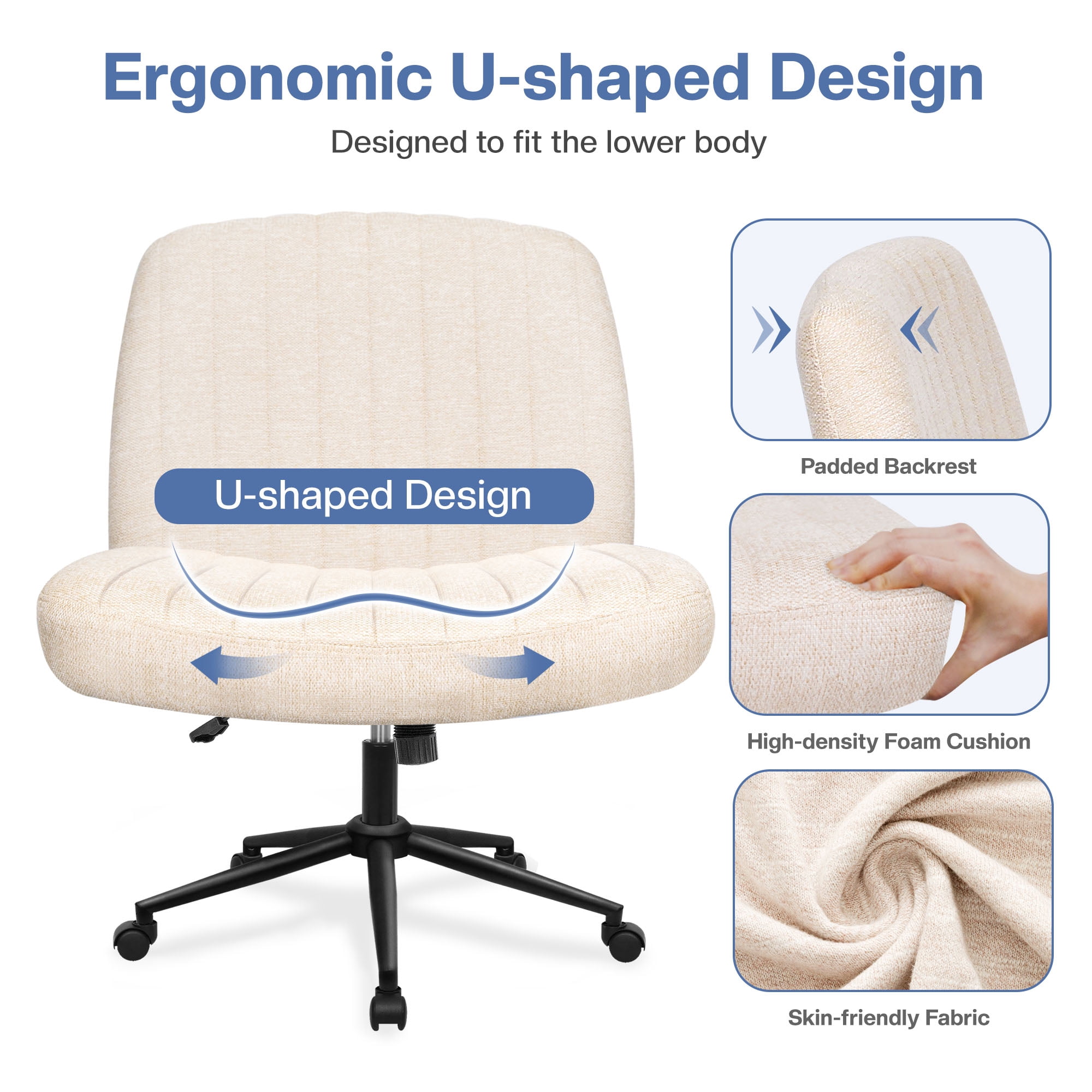 Celtoss Criss Cross Home Office Chair, Armless Swivel Task Computer Chair No Wheels, in Fabric, Vanity Style, Beige