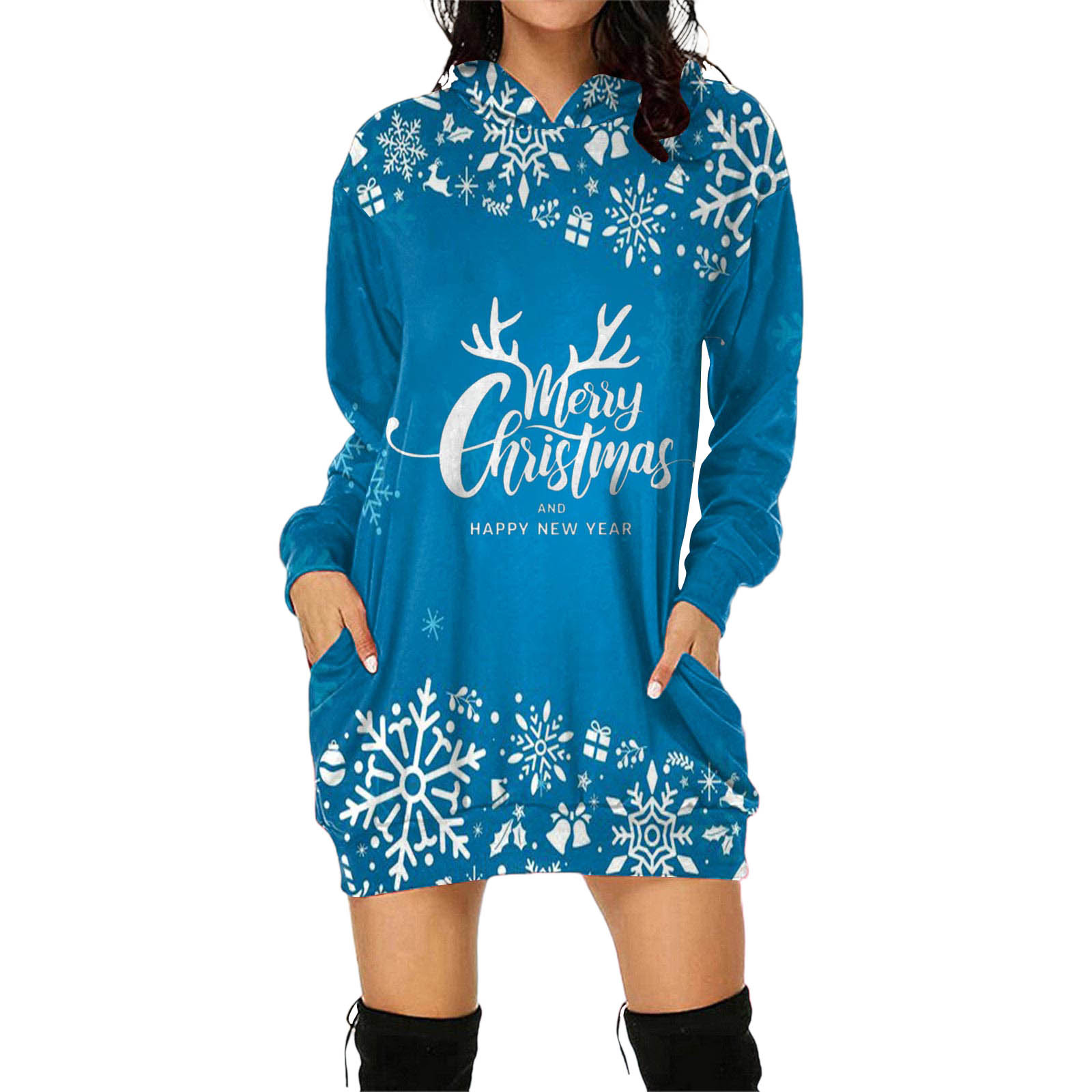 mveomtd Womens Christmas Print Long Sleeve Hooded Pocket Pullover