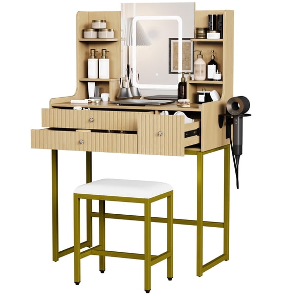 Modern Vanity Desk with LED Lighted Mirror, 3-Color Adjustable Lights, Charging Station, 3 Drawers, 6 Open Storage Shelves, Hair Dryer Holder - Space-Saving Bedroom Makeup Table - Natural Wood Color