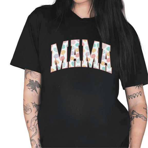 Black Easter Eggs Pattern MAMA Varsity Graphic Tees Print Tshirt Shirts Cute Spring Holiday Casual Tops For Women S-5XL