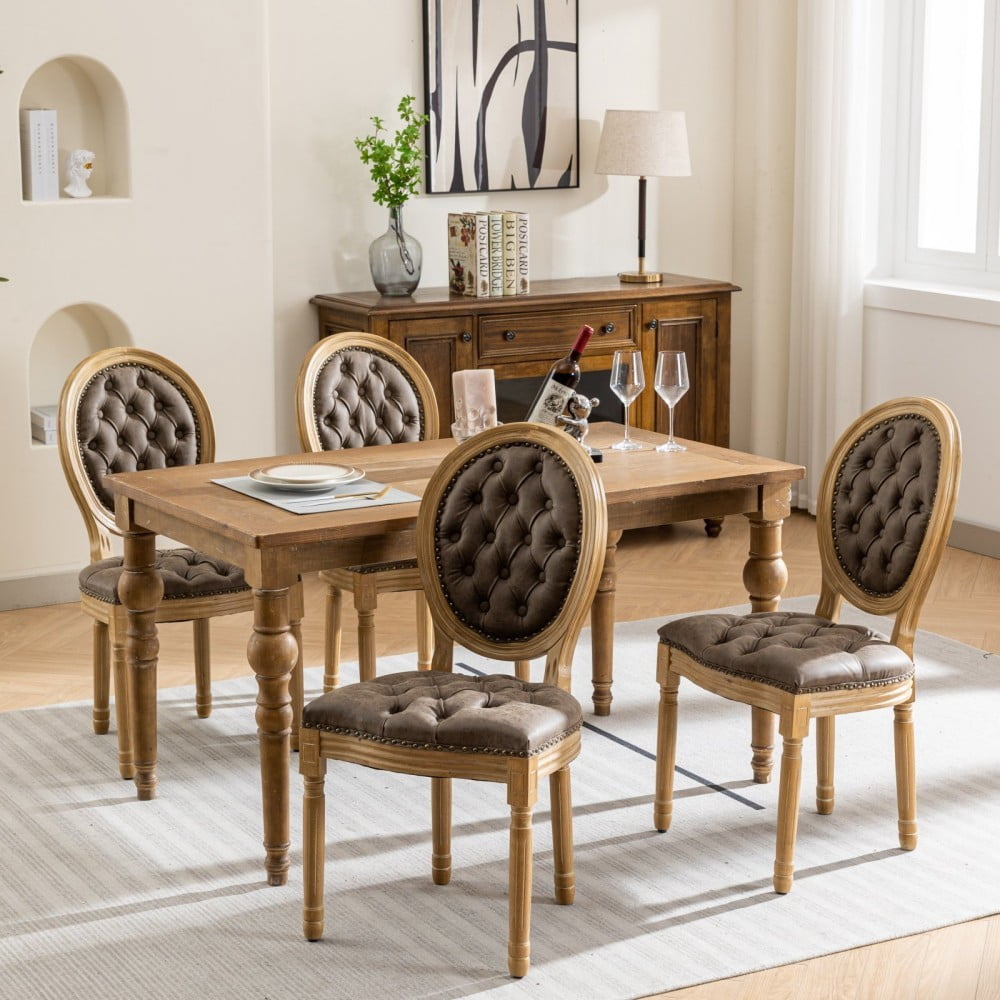 French Style Dining Chairs Set of 2, Solid Wood Upholstered Side Chairs with Tufted PU Leather, Nailhead Trim, Oval Back, Brown