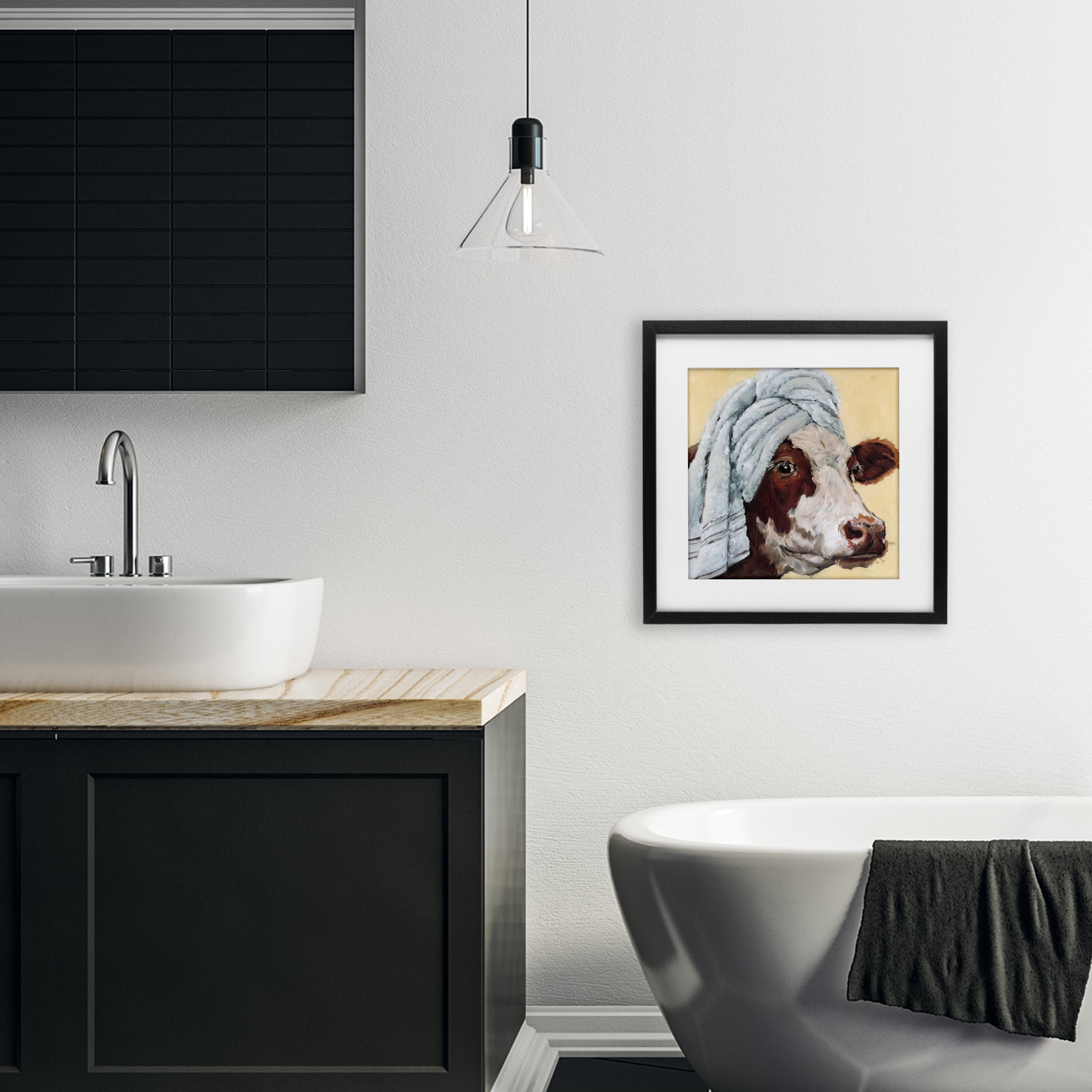 Stupell Industries Cow Spa with Towel Black Framed Print Under Glass, design by Studio Bautista