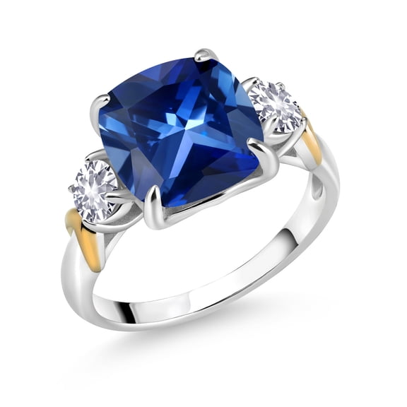 Gem Stone King 925 Silver and 10K Yellow Gold Blue Created Sapphire and White Created Sapphire 3 Stone Ring for Women (5.82 Cttw, Gemstone Birthstone, Cushion 10MM, Round 4MM, Size 5)