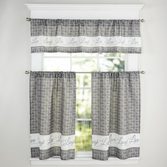 Live Laugh Love Window Tier and Valance Set - 24” - Gray - 3 Pieces