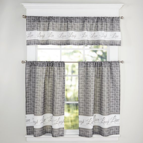 Live Laugh Love Window Tier and Valance Set - 24” - Gray - 3 Pieces