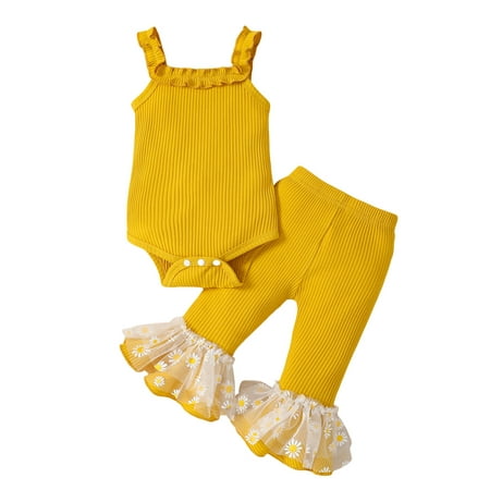 

Bagilaanoe 2pcs Newborn Baby Girl Long Pants Set Sleeveless Romper Tops + Daisy Print Flare Trousers 3M 6M 12M 18M Infant Casual Outfits