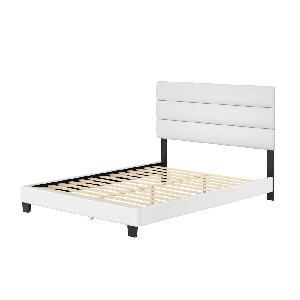 Boyd Sleep Piedmont White Faux Leather Queen Size Fully Upholstered Platform Bed Frame with Adjustable Headboard