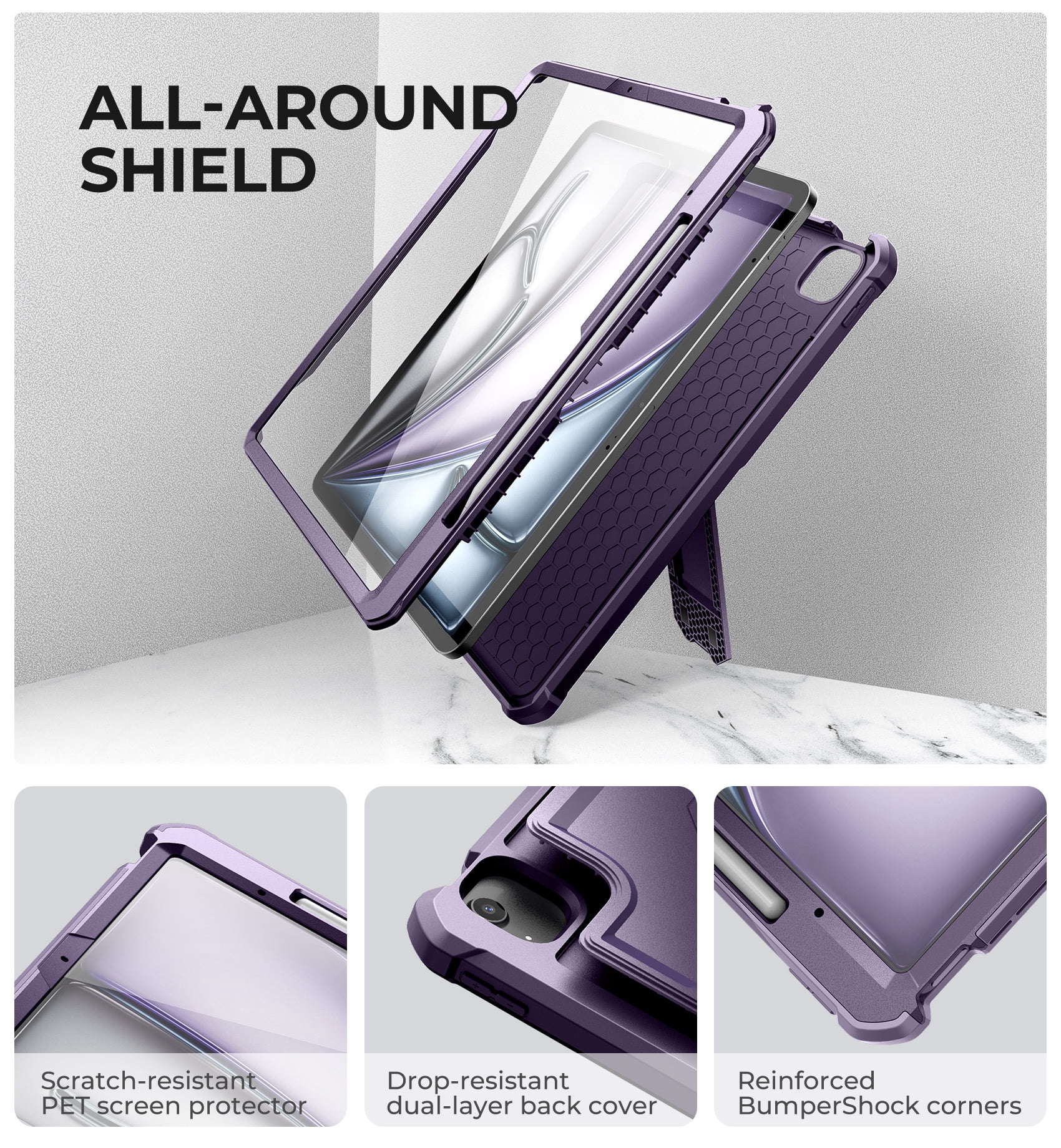 Dexnor for iPad Air 13 Inch Case 2025/2024 (M3/M2) with Pencil Holder, [Built-in Screen Protector & Multi-Angle Kickstand] Heavy Duty Shockproof Full Body Protective Cover for iPad Air 13, Purple