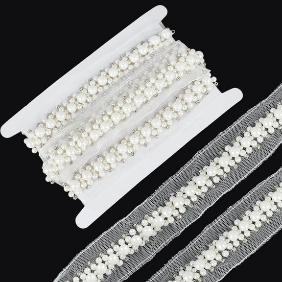 1.9 Yards Grenadine Mesh Lace Trim with Resin Beads and Rhinestone Clothing Accessories White 1-7/8 inch(48mm)