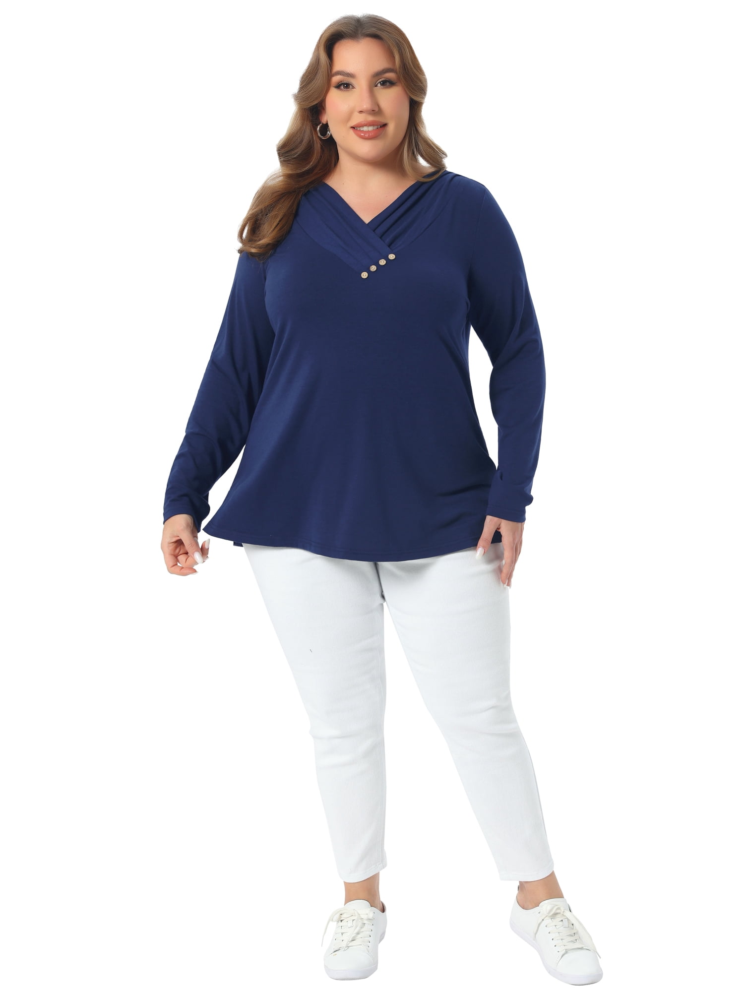 DARING DIVA Women's Plus V Neck Button Fall Pullover Shirt Loose Blouse 1X Dark Blue