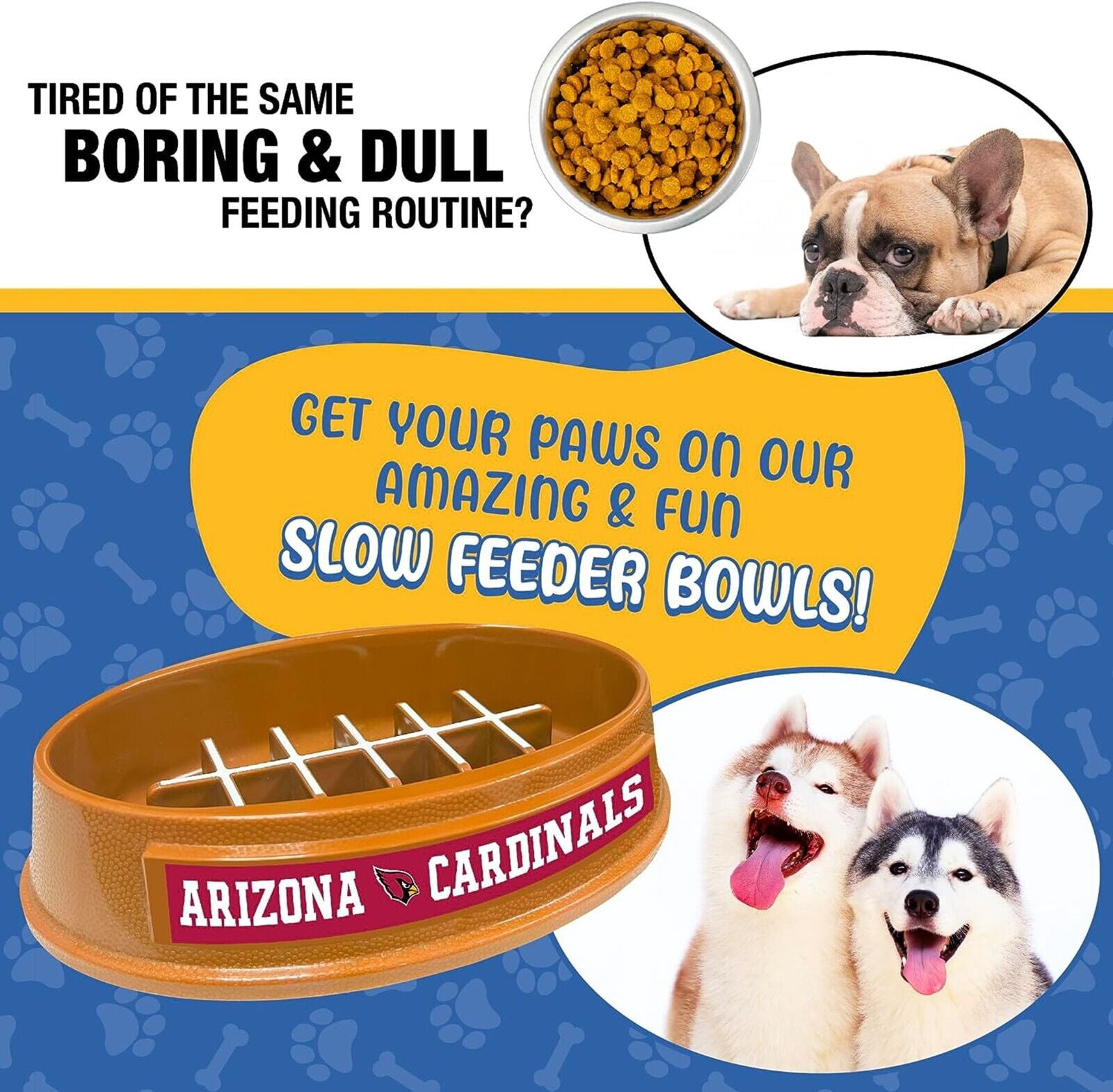Pets First NFL Arizona Cardinals Super-Bowl Slow Feeder Bowl for Dogs and Cats, Football Design for Healthy Digestion, Non-Slip, for Large & Small Pet