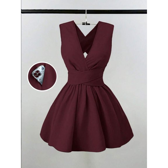 Burgundy Women Sleeveless Criss-Cross V-Neck A-Line Mini Dress For Party Date Wedding Guest