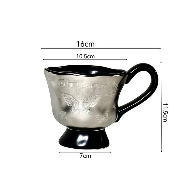 Elegant Silver Butterfly Ceramic Mug for Coffee & Tea – 350ml, Vintage High-Footed Design
