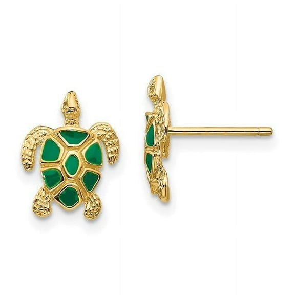 Primal Gold 10 Karat Yellow Gold Green Enameled Sea Turtle Post Earrings